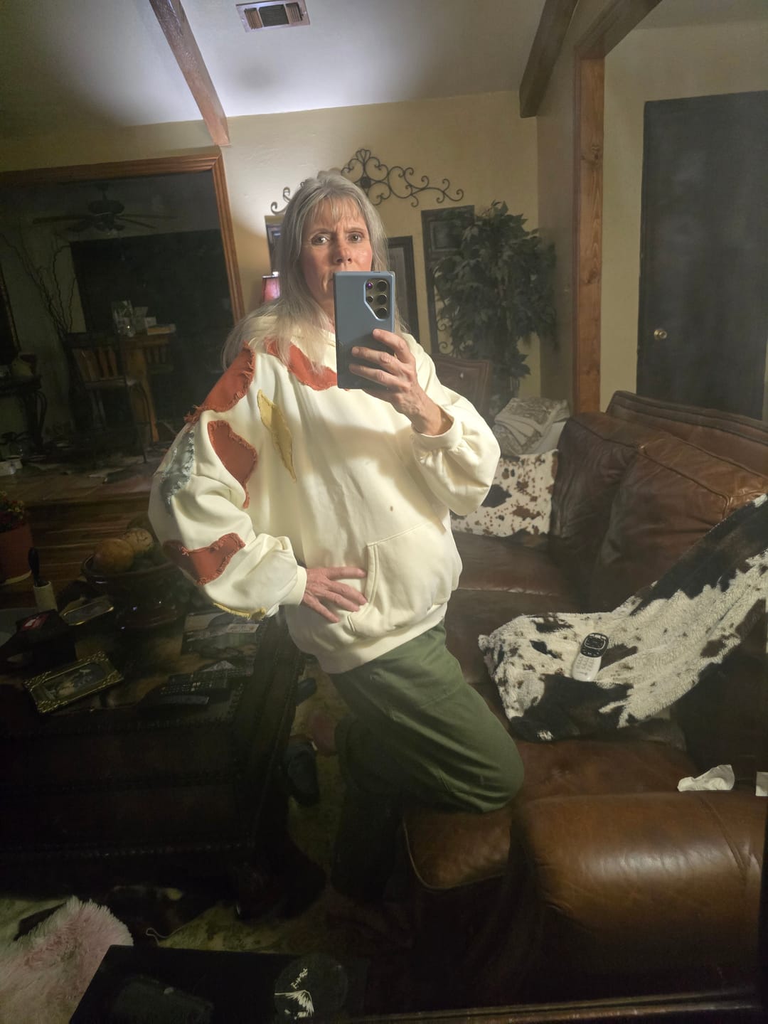 Customer photo review of Autumn Skies Oversized Abstract Patchwork Hoodie