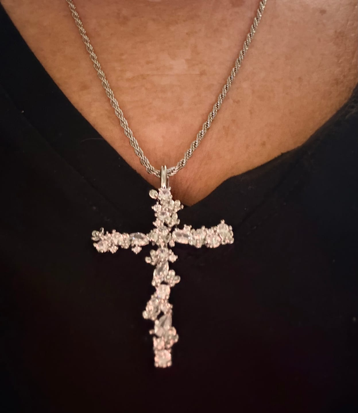 Customer photo review of FREE Today: Ornate Crystal Floral Cross Pendant Necklace: Token of Divine Shelter