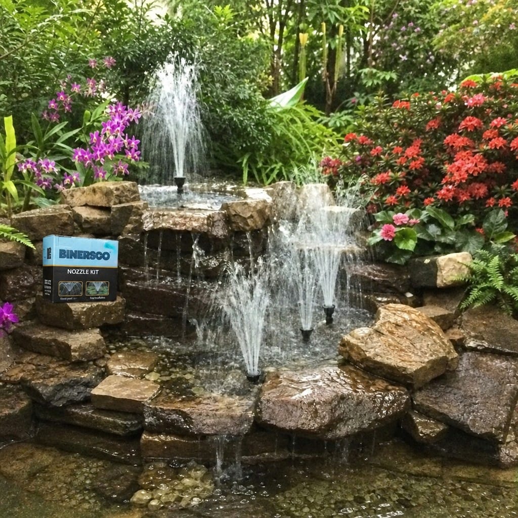 Customer photo review of Pond Fountain Nozzle Kit UK | 8 Spray Patterns | Fits Most Pumps | Koi Garden Pond