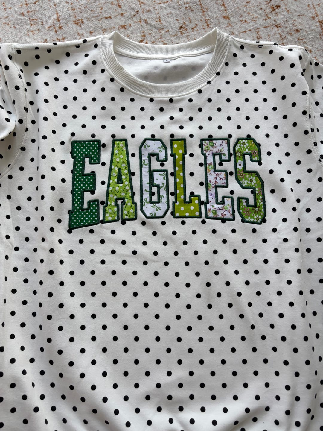 Customer photo review of Custom Patchwork Fabric Embroidered Polka Dot Sweatshirt Team and School Name Applique Varsity Letters | Game Day Wear