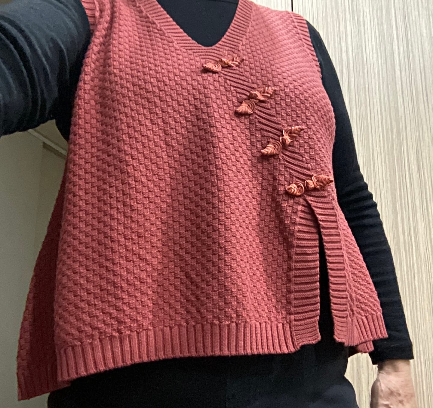 Customer photo review of Artisan Cotton Knitted Vest - Flattering V-Neck Button Sweater Vest with Asymmetric Hem | Plus Size