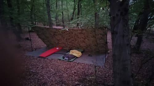 Reviewer's Sommerschlafsack on a camping mat inside a forest shelter setup