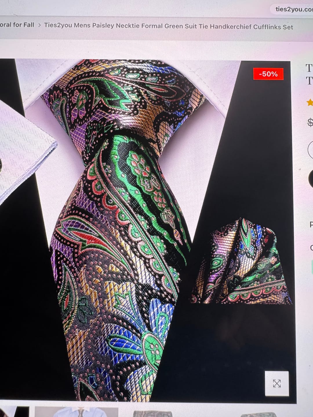 Customer photo review of Ties2you Mens Hunter Green Tie Plaid Silk Necktie Pocket Square Cufflinks Set