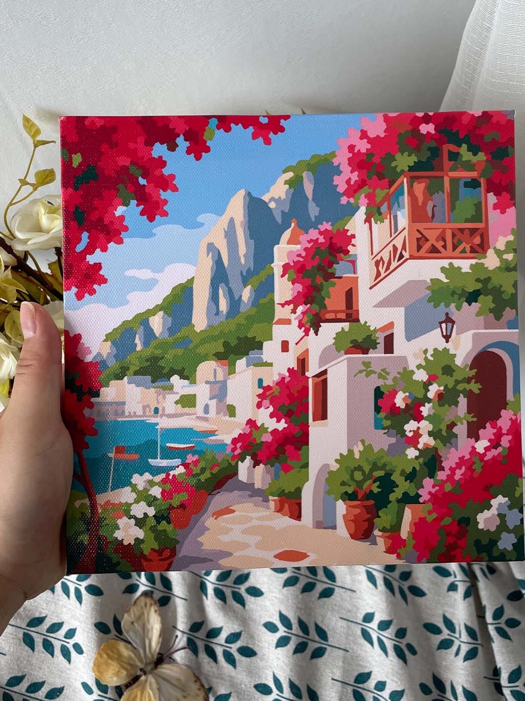 Customer photo review of Mini Peinture par Numéros 20x20cm avec cadre Allée Fleurie de Capri