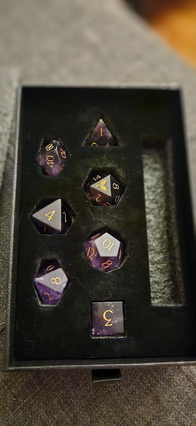 Customer photo review of URWizards D&D Amethyst Gemstone Engraved Dice Set