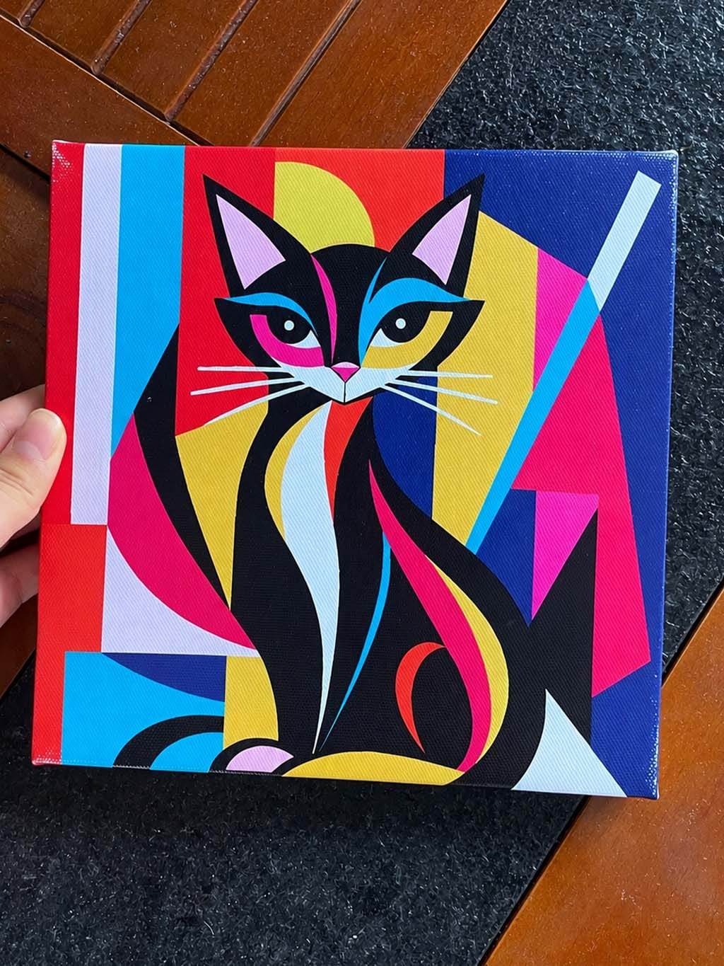 Customer photo review of Mini Peinture par Numéros 20x20cm avec cadre Chat Abstrait Éclatant