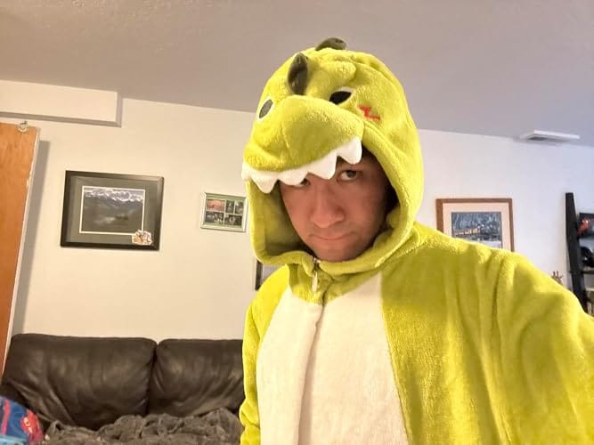 Customer photo review of OLAOLA Green Tyrannosaurus Rex Pajamas Unisex Adult Dinosaur Plush Animals Onesie Sleepwear Halloween Costume