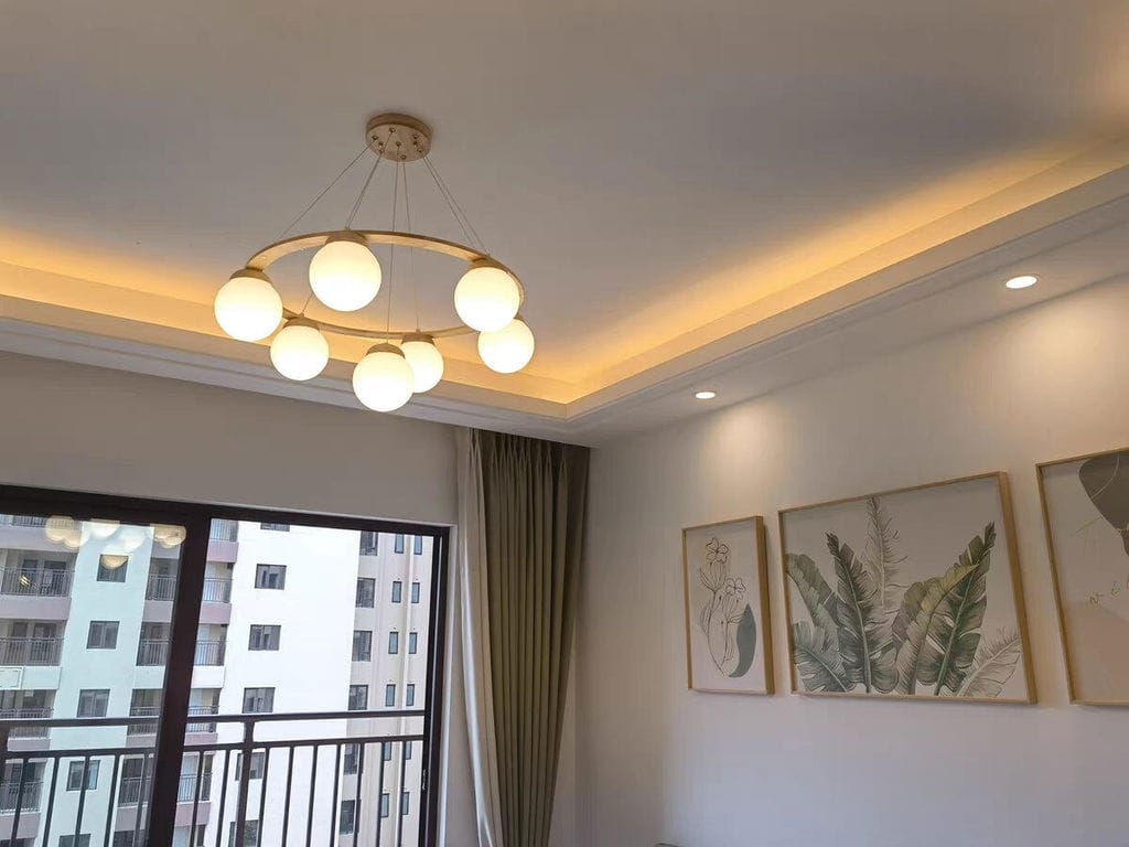 Customer photo review of Wood Ring Chandelier, Frosted Glass Globe Pendant Light, 150 cm