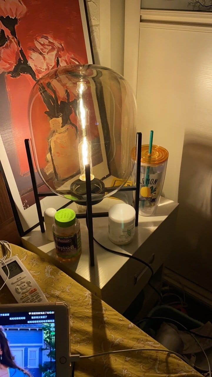 Customer photo review of Hand Blown Glass Table Lamp, Black Metal Stand, Bedside Lamp
