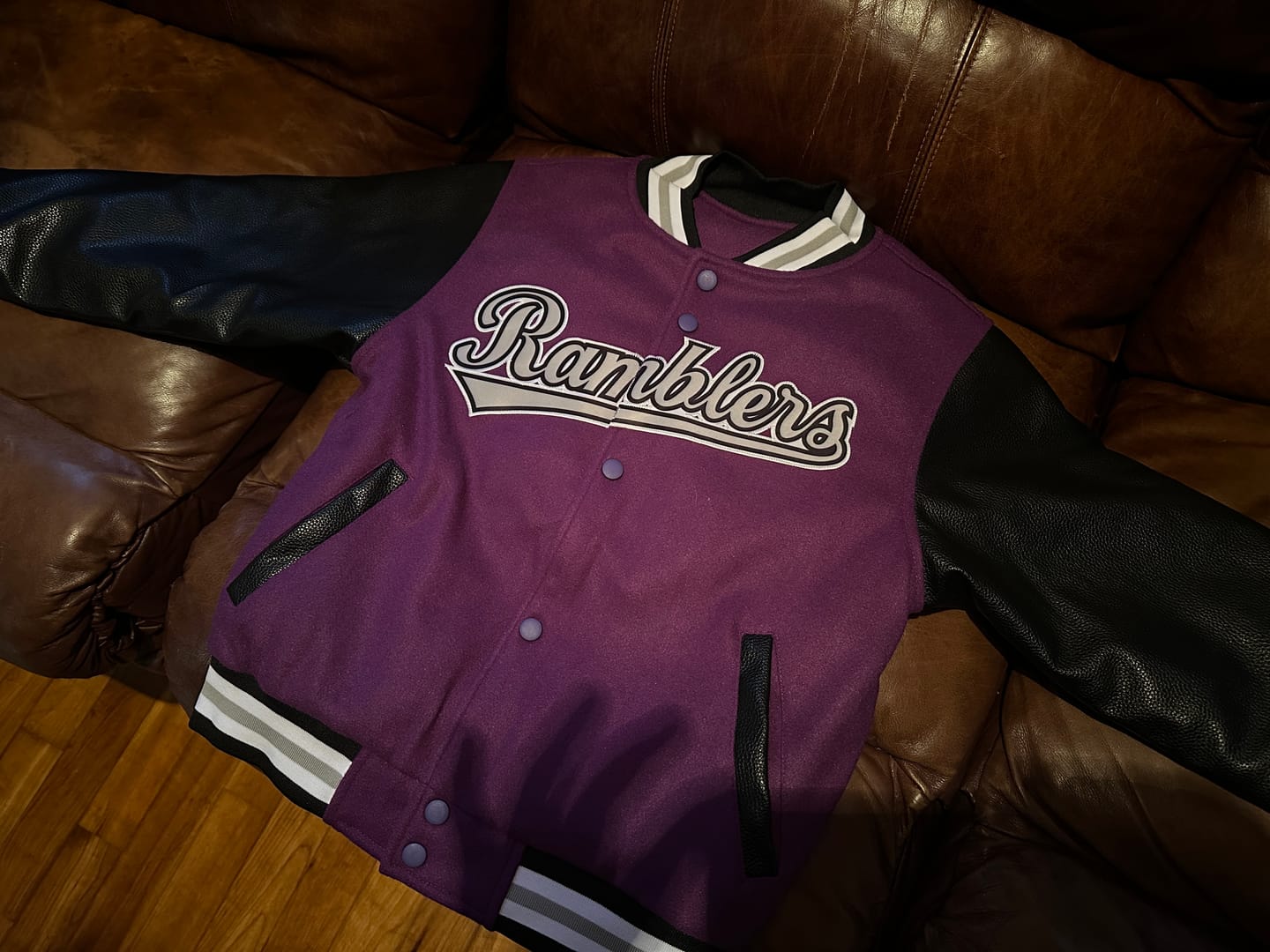 Customer photo review of Custom Black Purple White Gray Raglan Sleeves Varsity Full-Snap Leather Sleeves Letterman Jacket