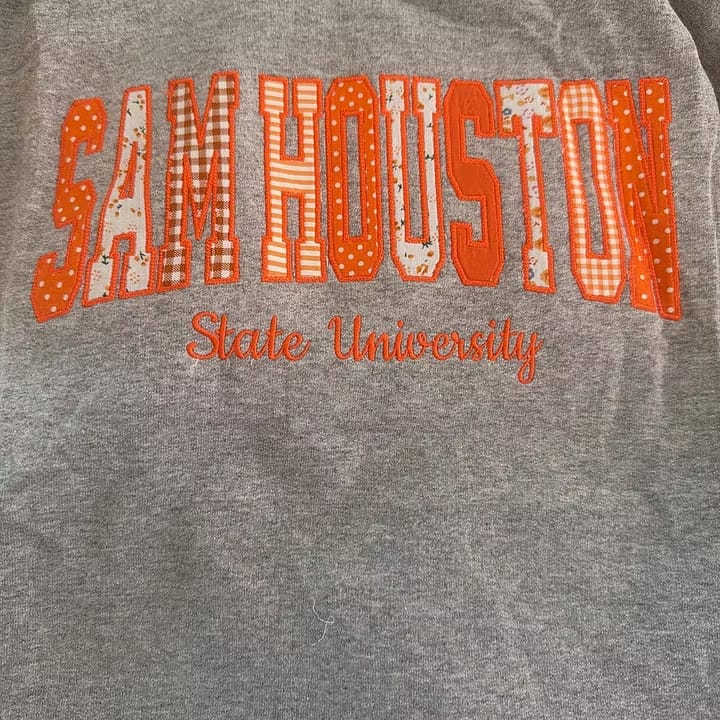 Customer photo review of Custom Patchwork Fabric Embroidered Sweatshirt Team and School Name Applique Varsity Letters