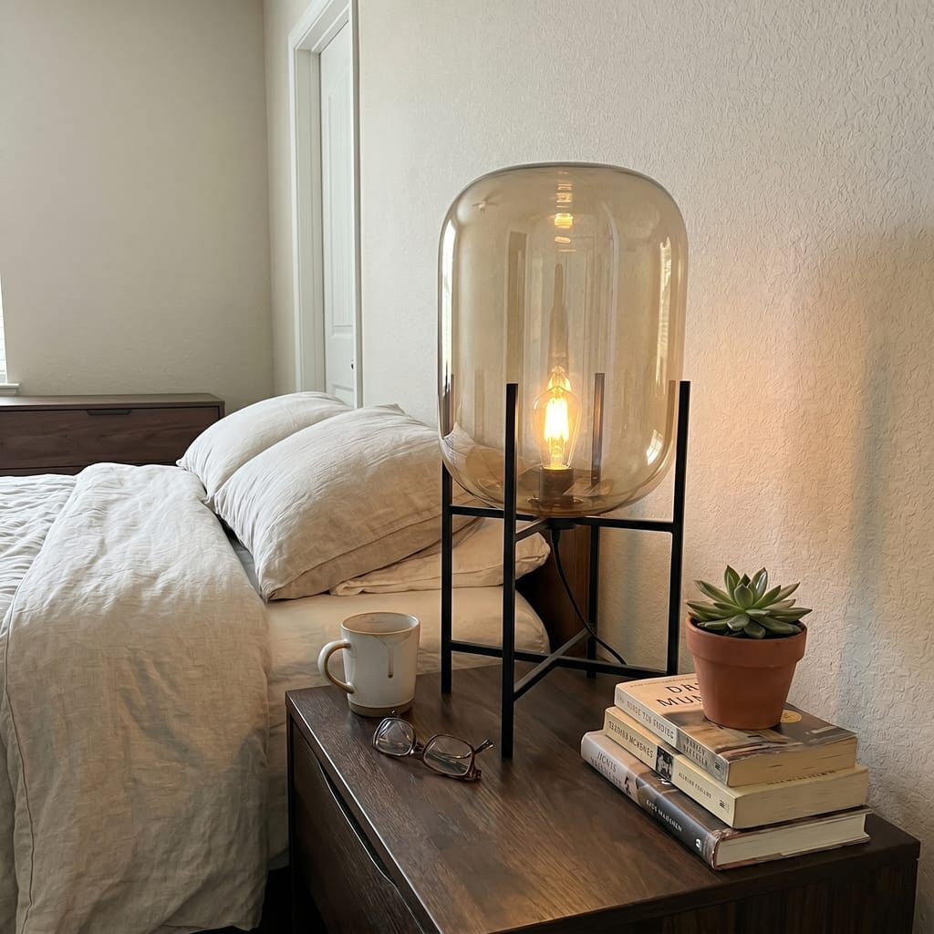 Customer photo review of Hand Blown Glass Table Lamp, Black Metal Stand, Bedside Lamp