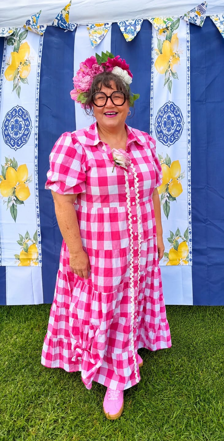 Customer photo review of Alice Dress - Pink & White Gingham