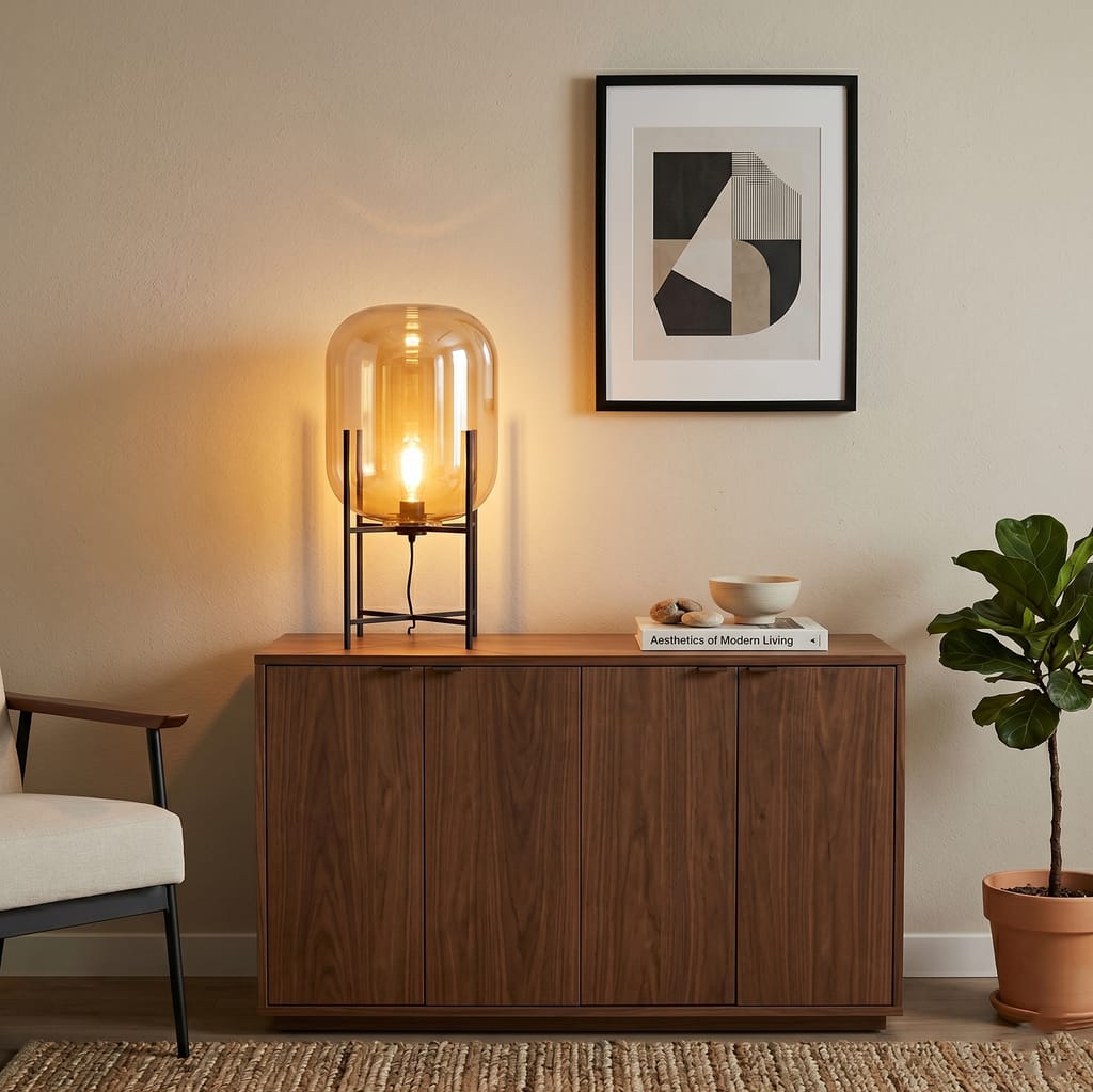 Customer photo review of Hand Blown Glass Table Lamp, Black Metal Stand, Bedside Lamp