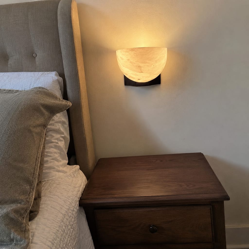 Customer photo review of Alabaster Dome Wall Sconce, Brass or Black Bracket, Wall Light