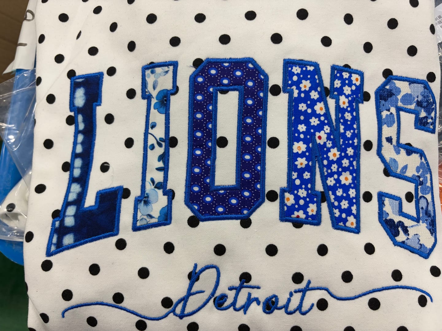 Customer photo review of Custom Patchwork Fabric Embroidered Polka Dot Sweatshirt Team and School Name Applique Varsity Letters | Game Day Wear