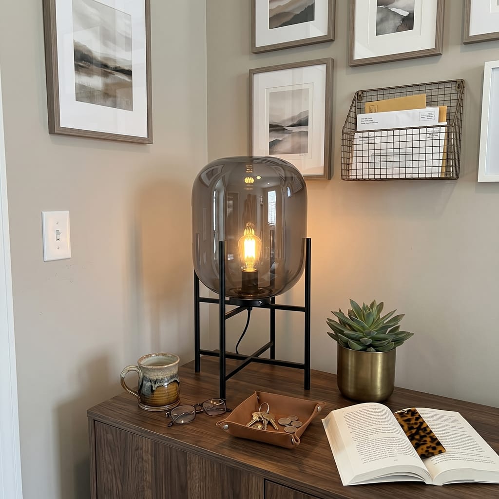 Customer photo review of Hand Blown Glass Table Lamp, Black Metal Stand, Bedside Lamp