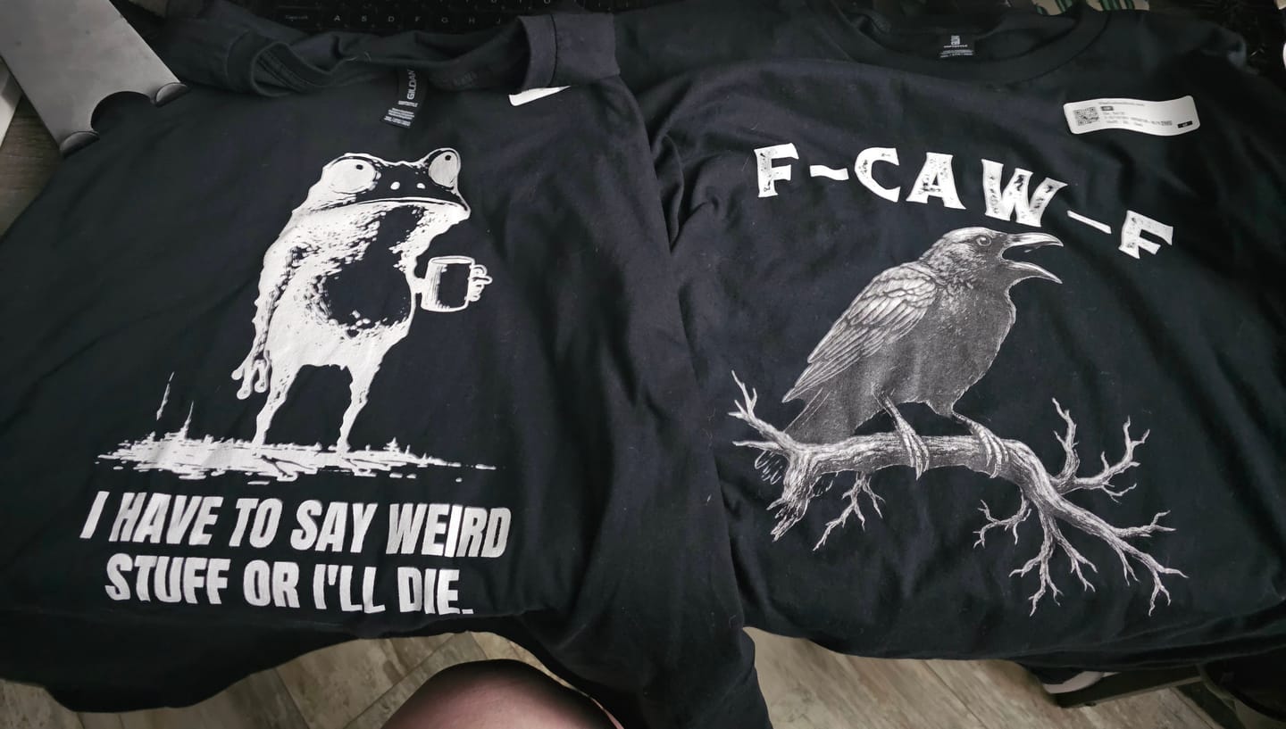Customer photo review of I Have to Say Weird Stuff or I’ll Die Shirt Funny Vintage Frog Shirt