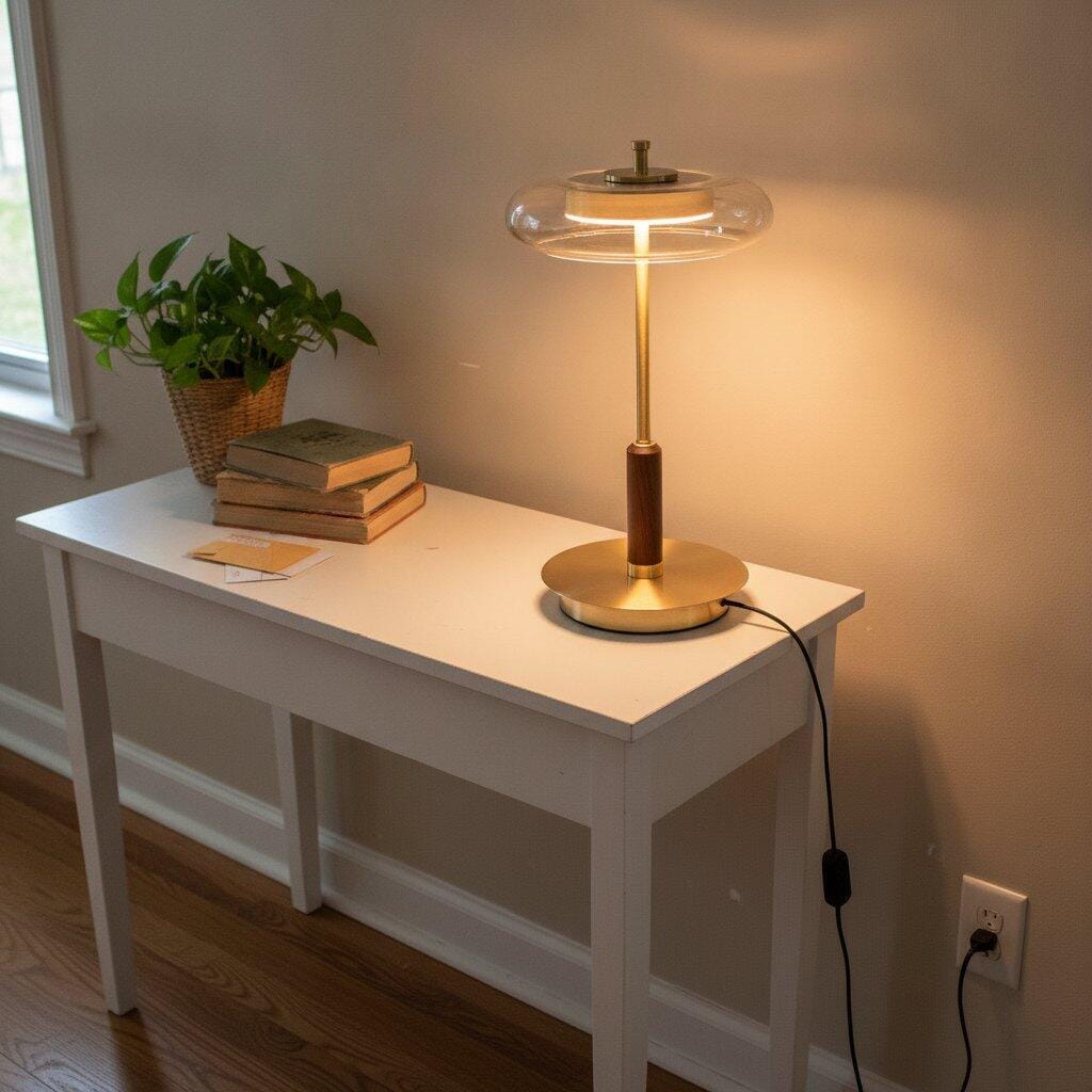 Customer photo review of Walnut and Brass Table Lamp, Clear Glass Shade, 40 cm, Plug In