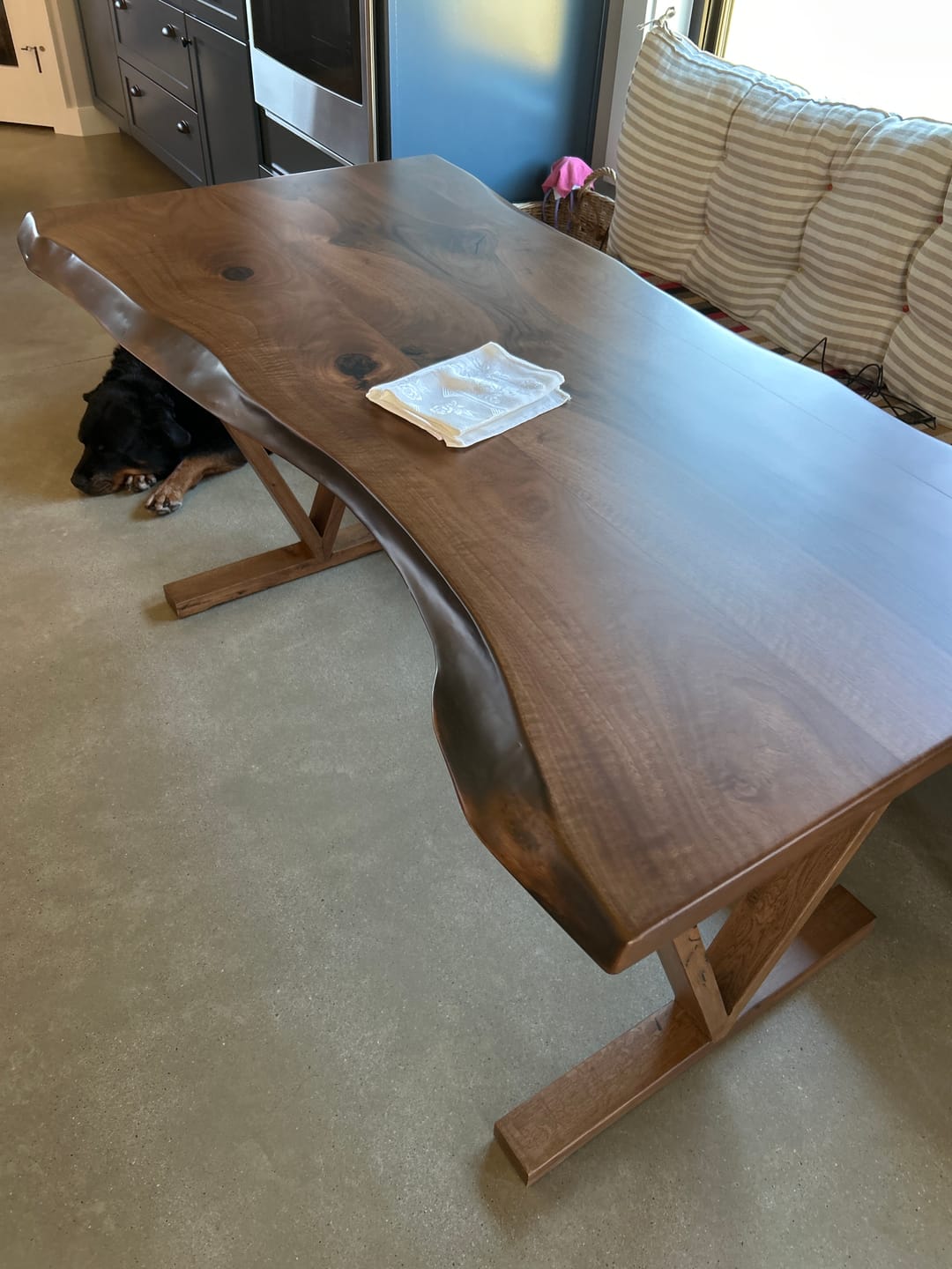 Customer photo review of Live Edge Dining Table - Solid Walnut Farmhouse Table with Wooden Legs