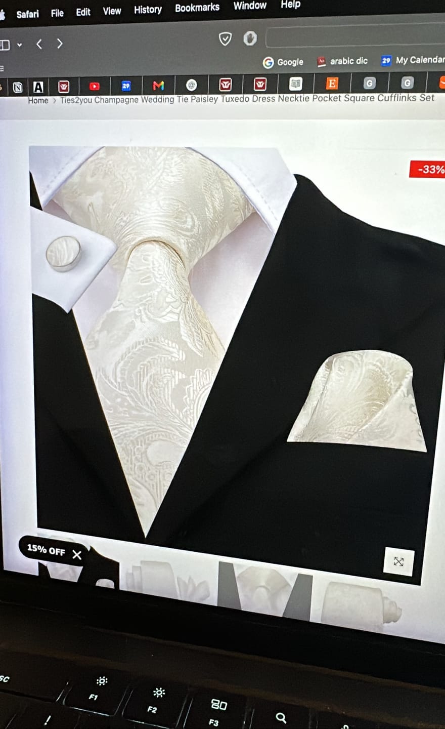 Customer photo review of Ties2you Champagne Wedding Tie Paisley Tuxedo Dress Necktie Pocket Square Cufflinks Set