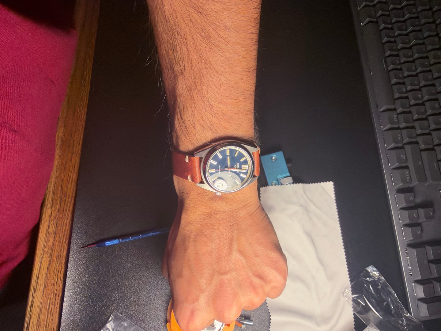 Customer photo review of Horween English Tan Dublin Leather Watch Strap, Natural Thread