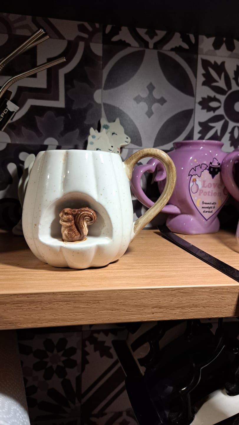 Customer photo review of Pumpkin Forest Keramiktasse mit Eichhörnchen – Kürbis Tasse