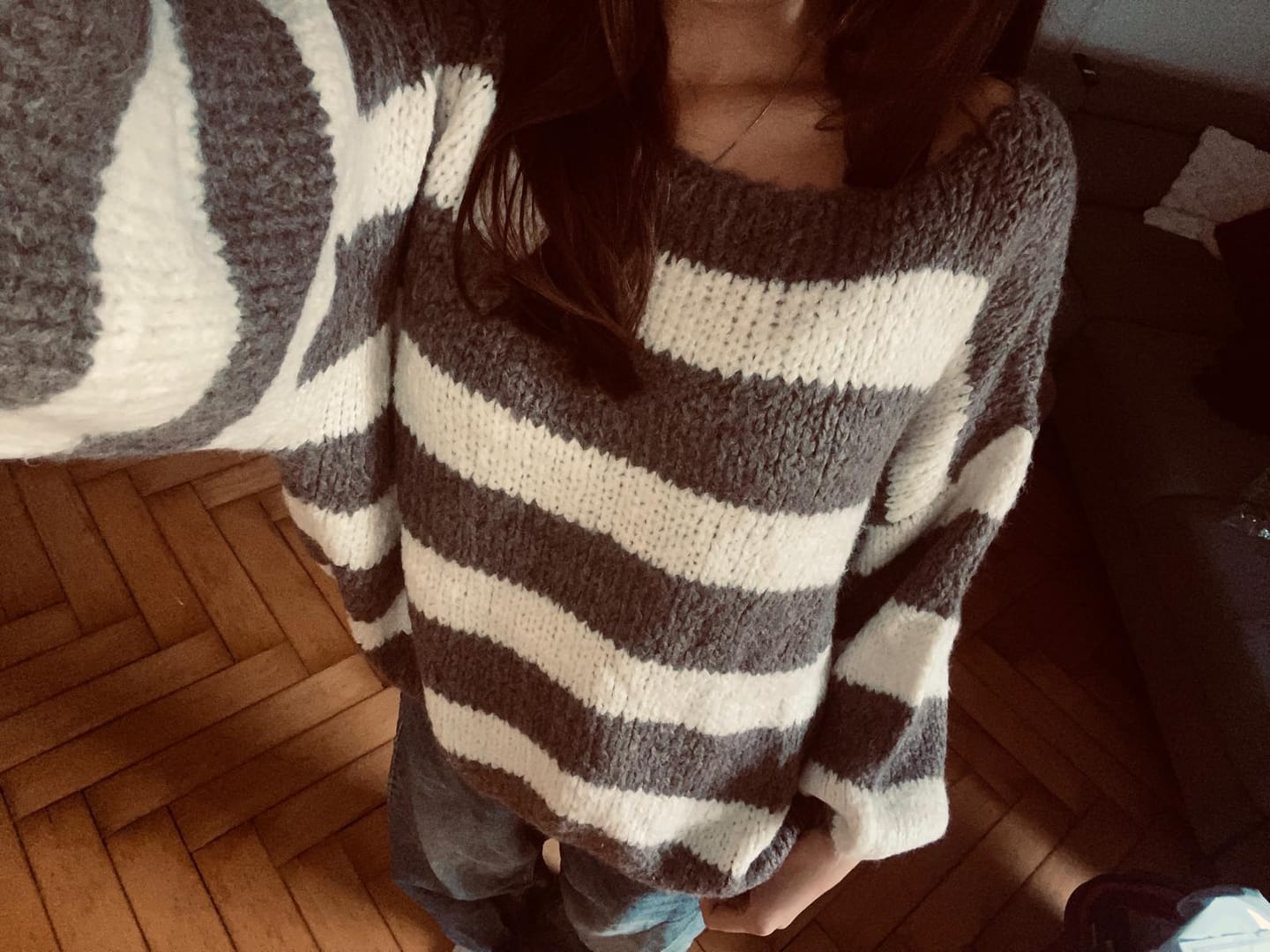 Customer photo review of Casual Stripe Off-Shoulder Pullover