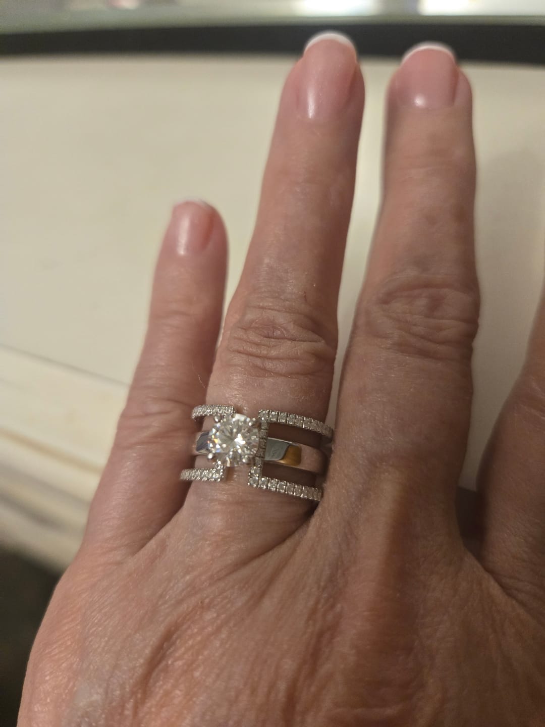Customer photo review of Round Moissanite Geometric Triple Shank Pave Engagement Ring