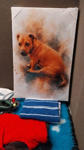 Kunden Leinwanddruck mit braunem Hund im Aquarell-Stil, platziert auf einem blauen Untergrund.