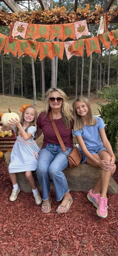 Customer's Nopalea supplement review: a person with children at a pumpkin patch, showing improved mobility for walking.