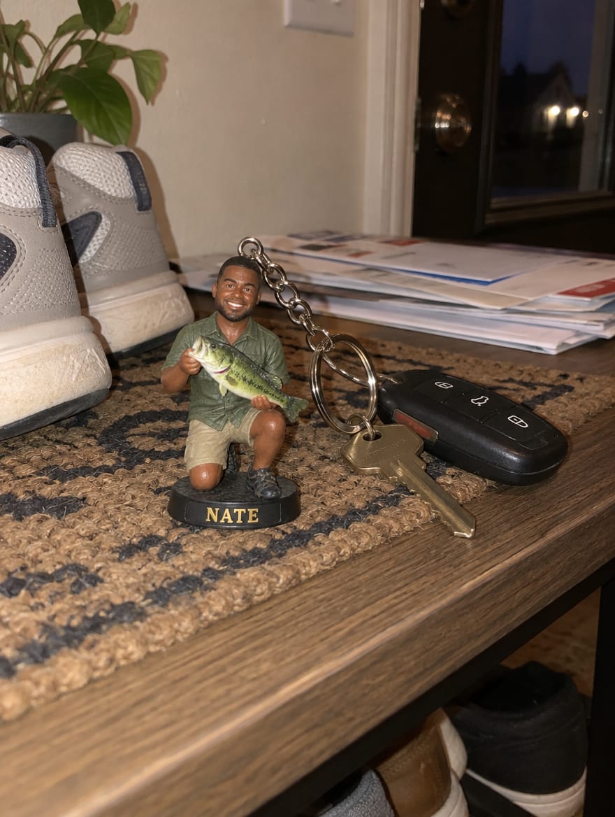 Customer photo review of Custom Fishing Figurine Keychain from Photo