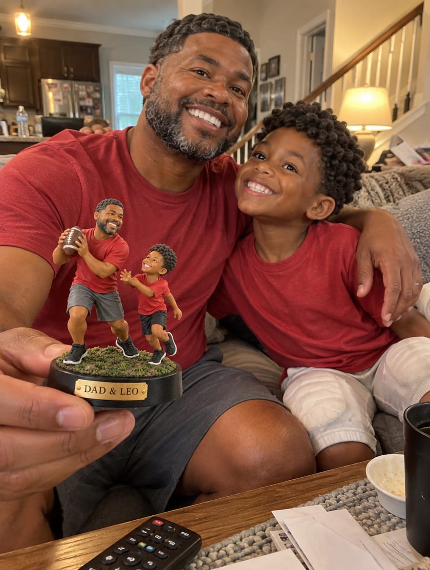 Customer photo review of Custom Father & Son Football Figurine from Photo