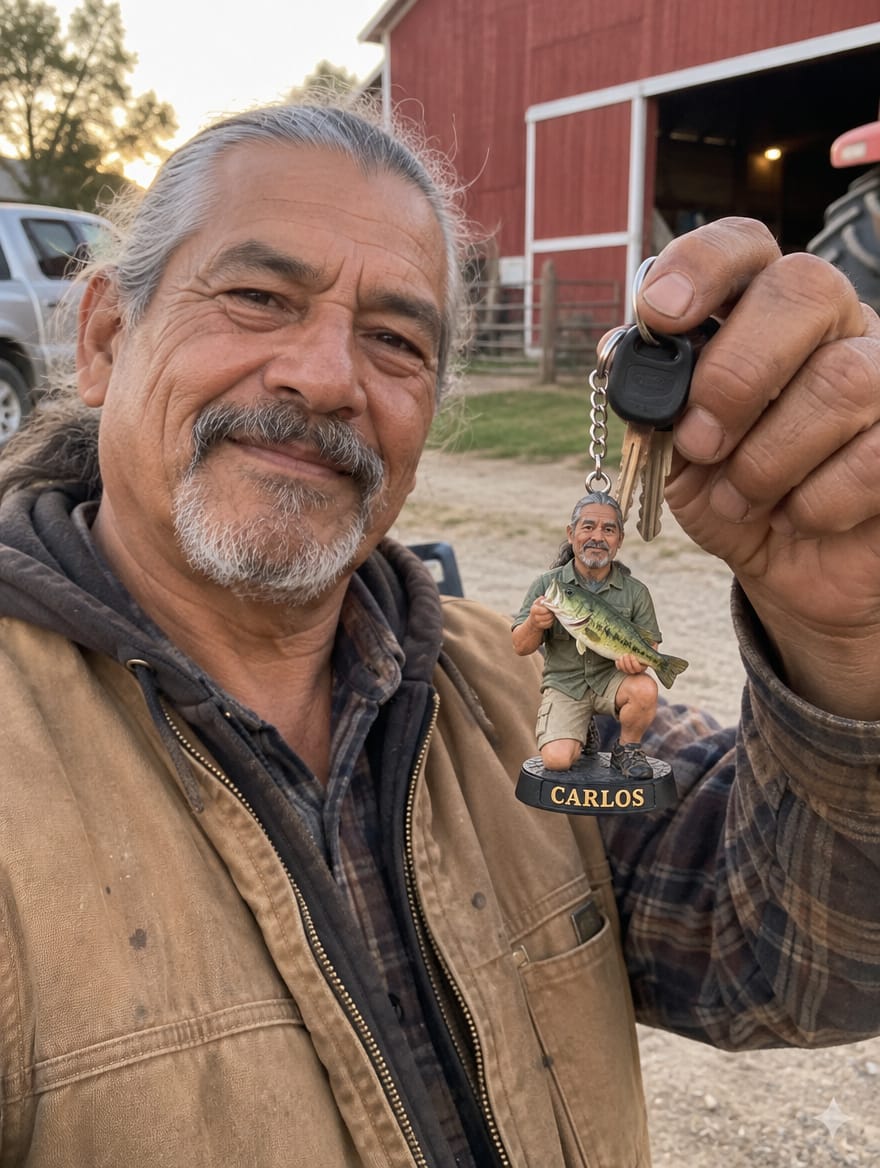 Customer photo review of Custom Fishing Figurine Keychain from Photo
