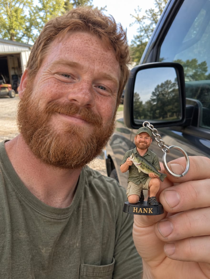 Customer photo review of Custom Fishing Figurine Keychain from Photo