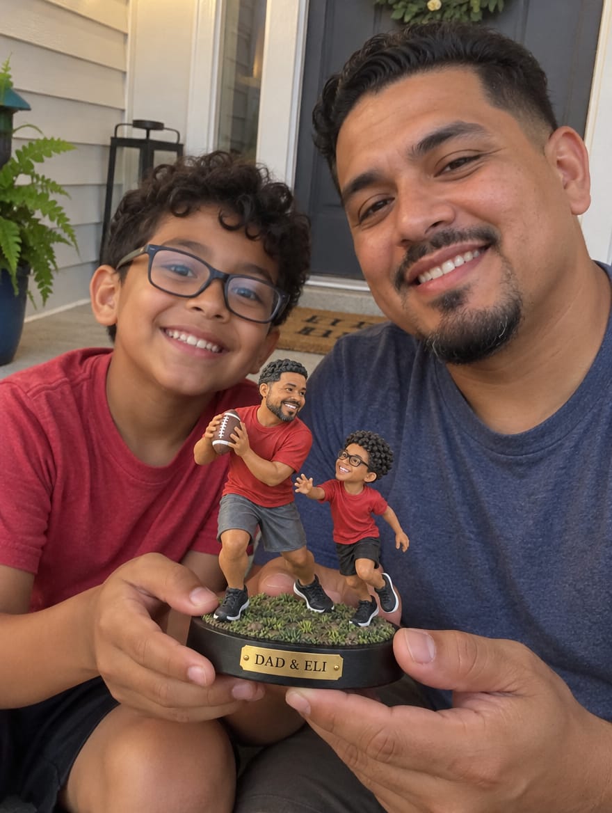 Customer photo review of Custom Father & Son Football Figurine from Photo