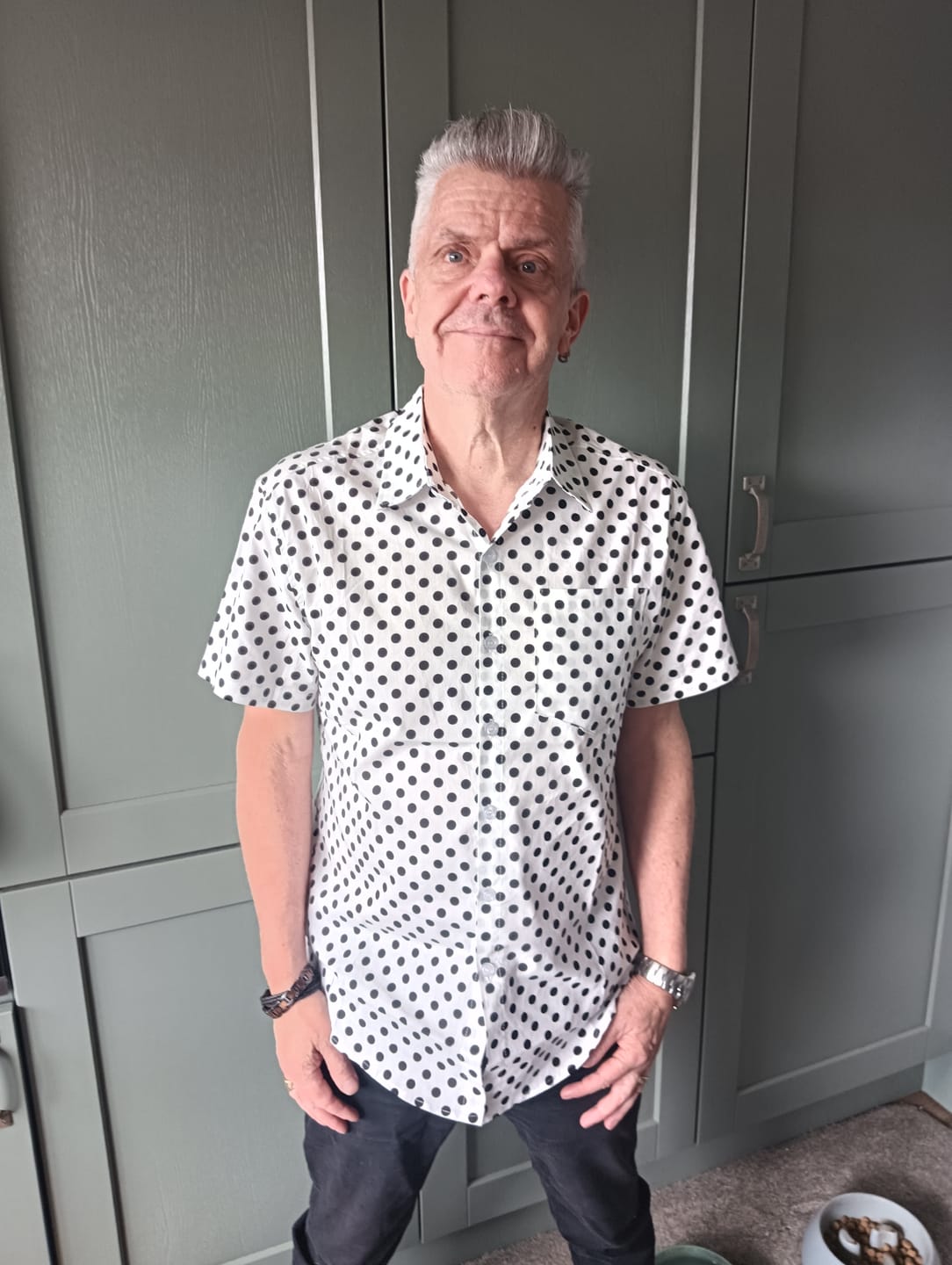 Customer photo review of Men's Cotton Casual Polka Dot Summer White Pocket Short Sleeve Shirt