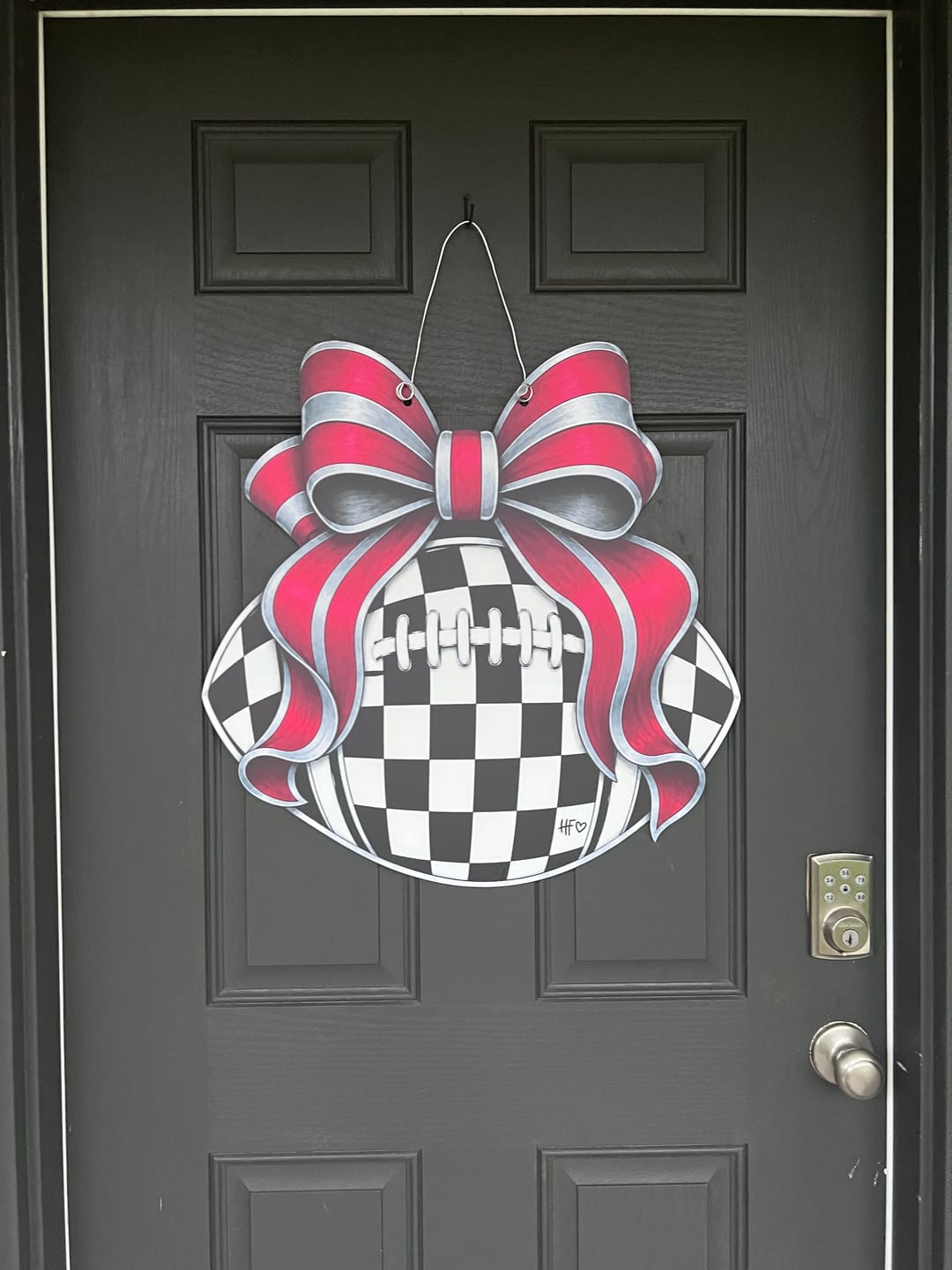 Customer photo review of Checkered Football Bows Red Gray Door Hanger