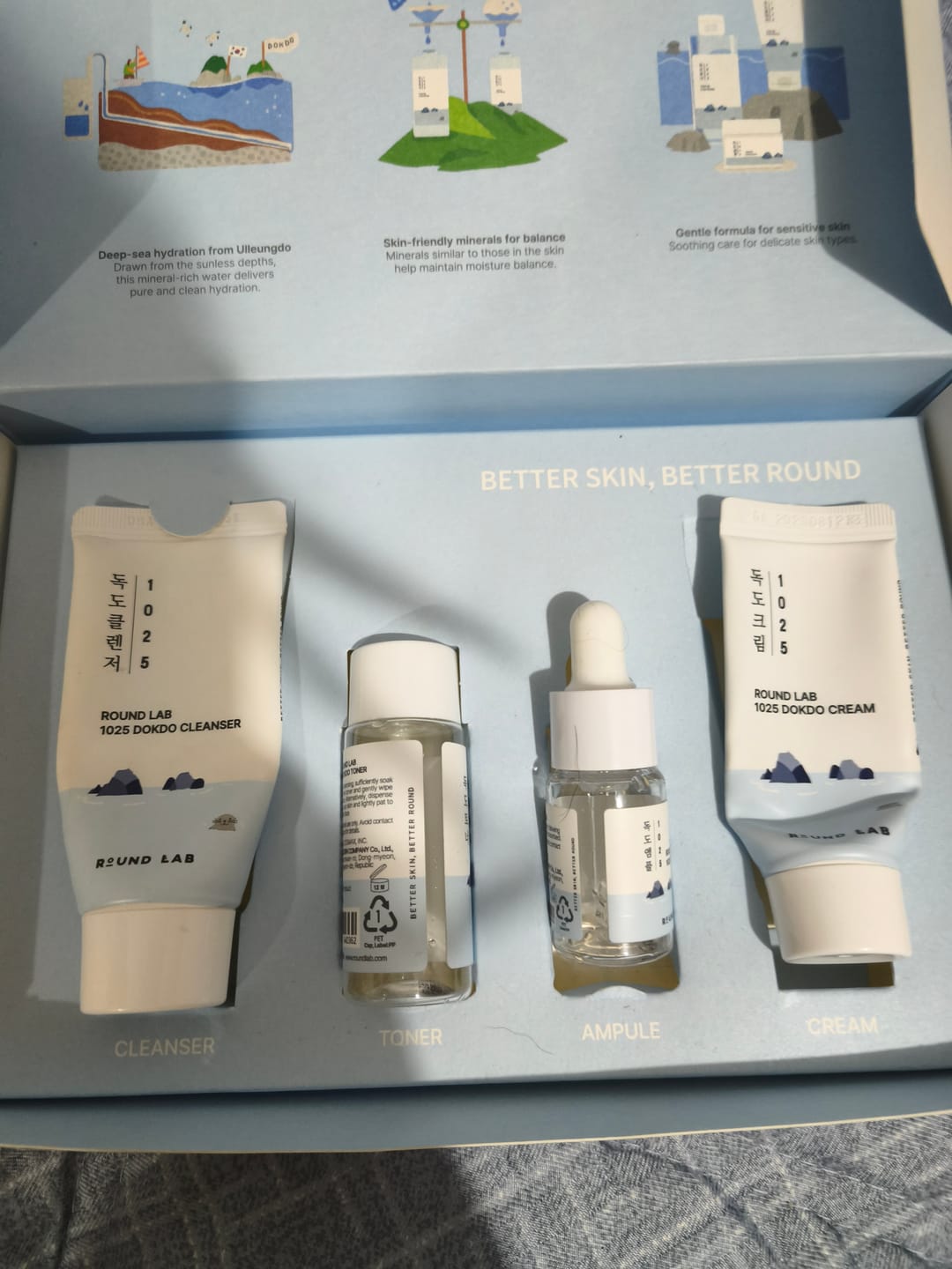 Customer photo review of Round Lab 1025 Dokdo Trial Travel-Friendly Mini Skincare Kit