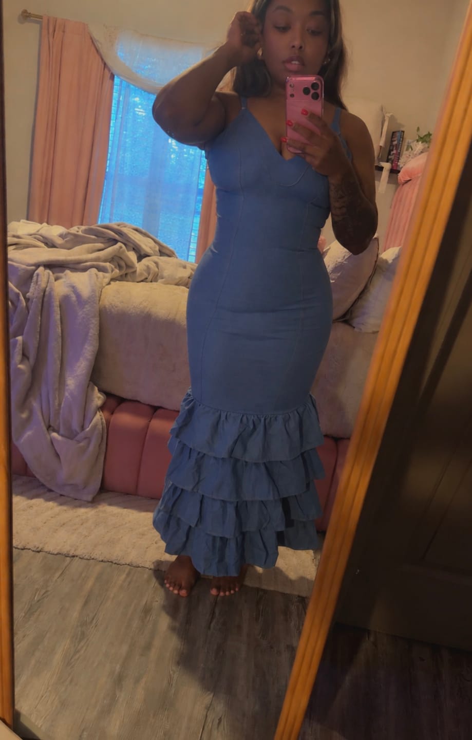 Customer photo review of Tiered Mermaid Faux Denim Dress