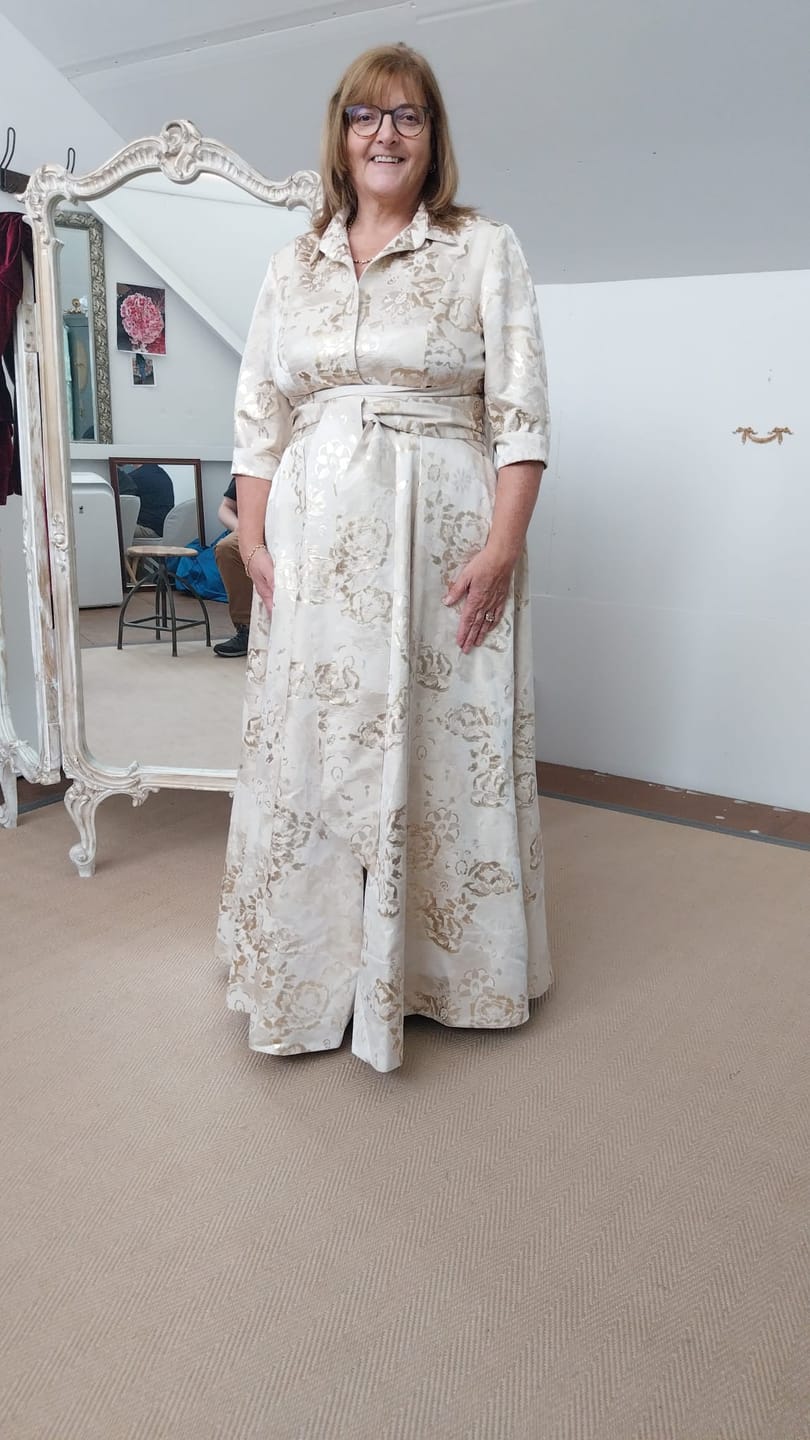 Customer photo review of 'Signature' Gold Brocade Maxi Shirt Dress