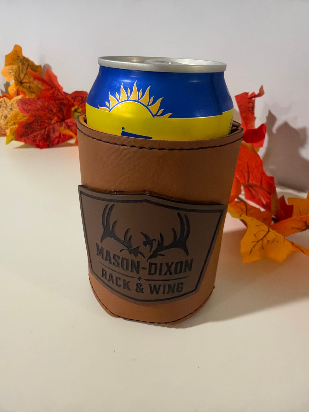 Customer photo review of Custom Leather Patch Koozies