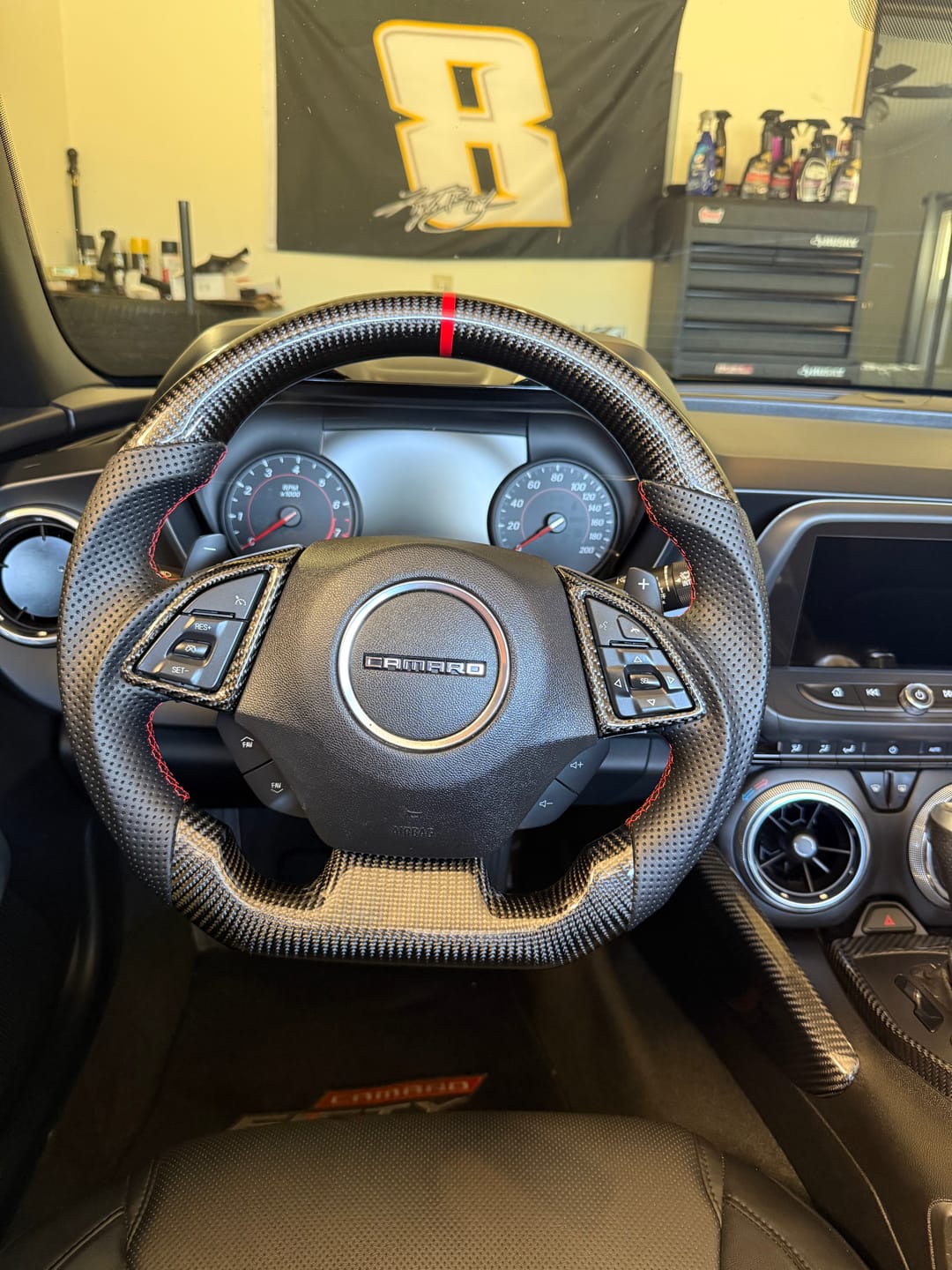 Customer photo review of 2016-2024 CAMARO CARBON FIBER Perforated Leather Red Stripe Steering Wheel