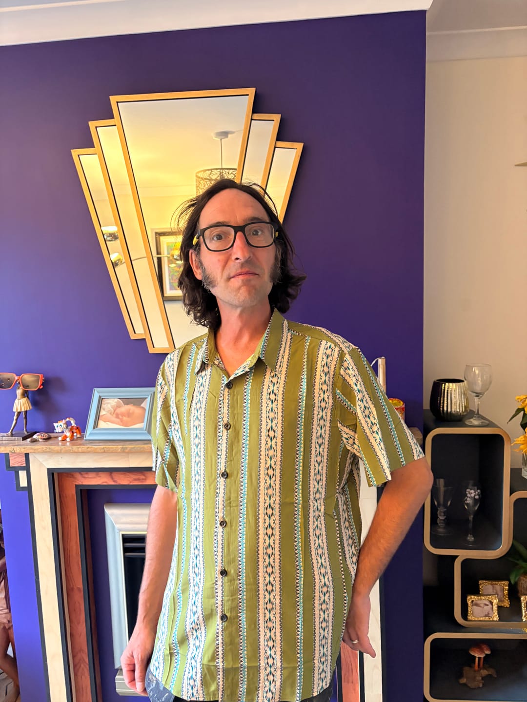 Customer photo review of Men's Green Striped Vintage Short Sleeve 70s Aztec Print Western Button Retro Shirt