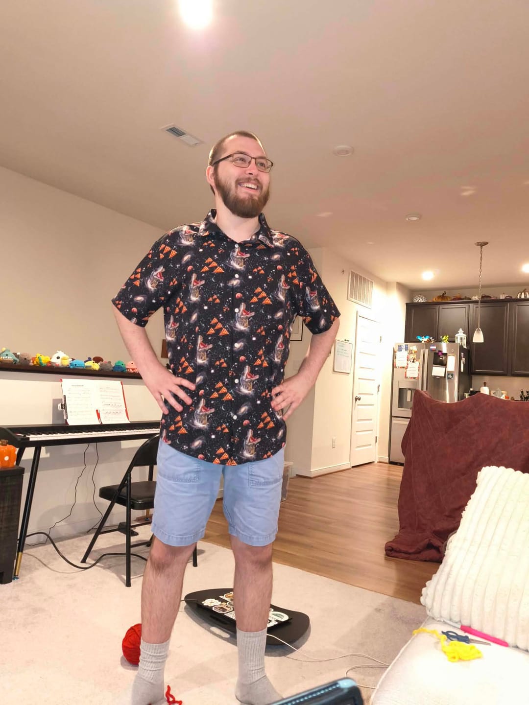 Customer photo review of Dinosaur Galaxy Pizza Ships Button Up Shirt