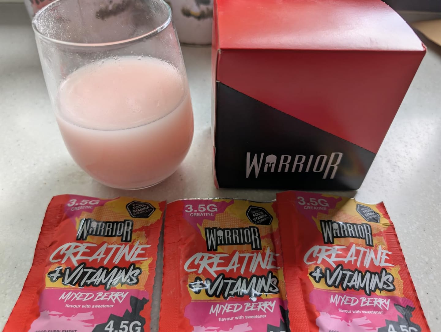 Customer photo review of Warrior Creatine Plus Vitamins – 15 Sachet Pack (30 Servings)