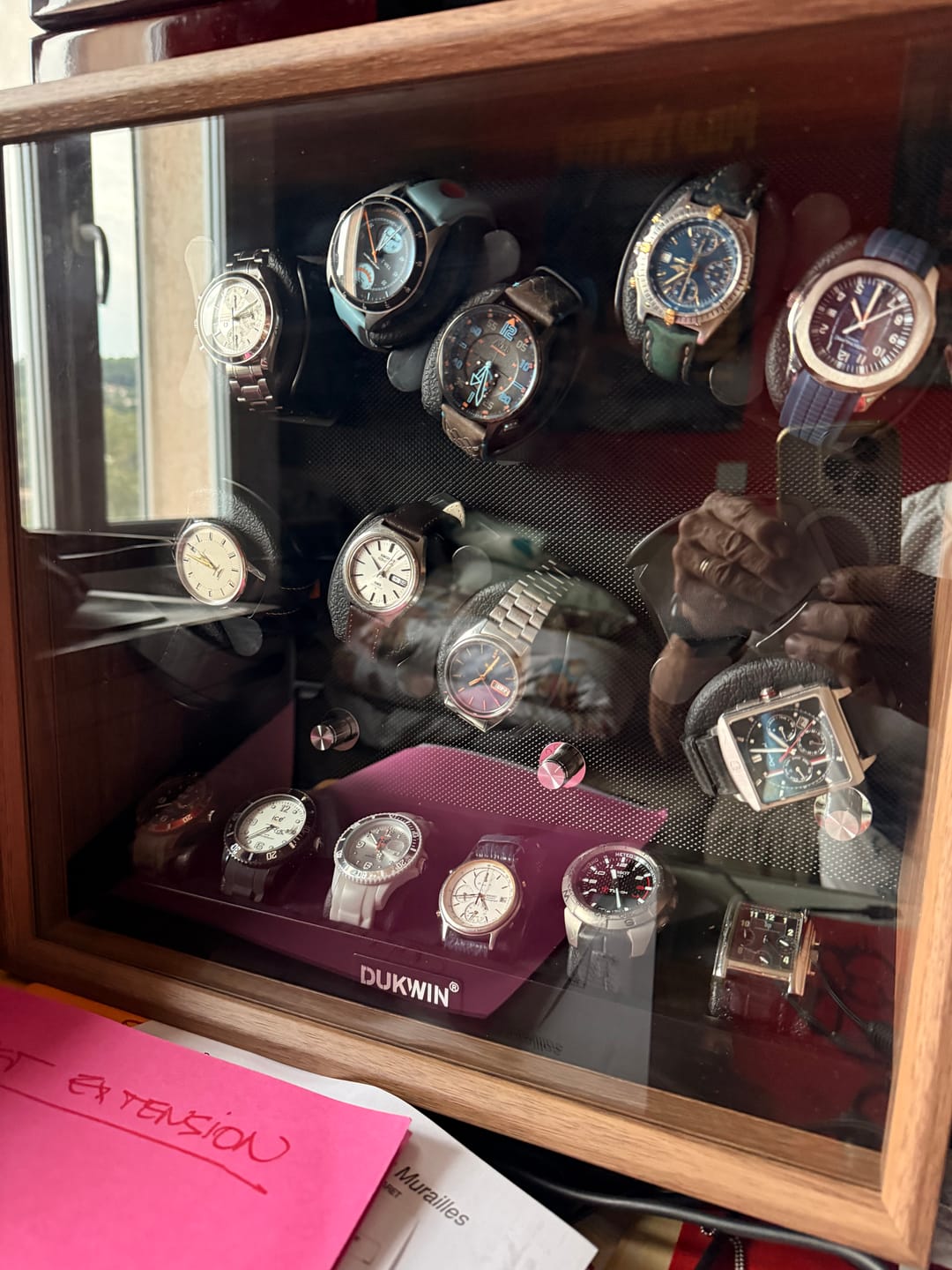 Customer photo review of 12 + 6 Watch Winder with Extra Storages Aurora Blue Light Quiet Motors - Grain