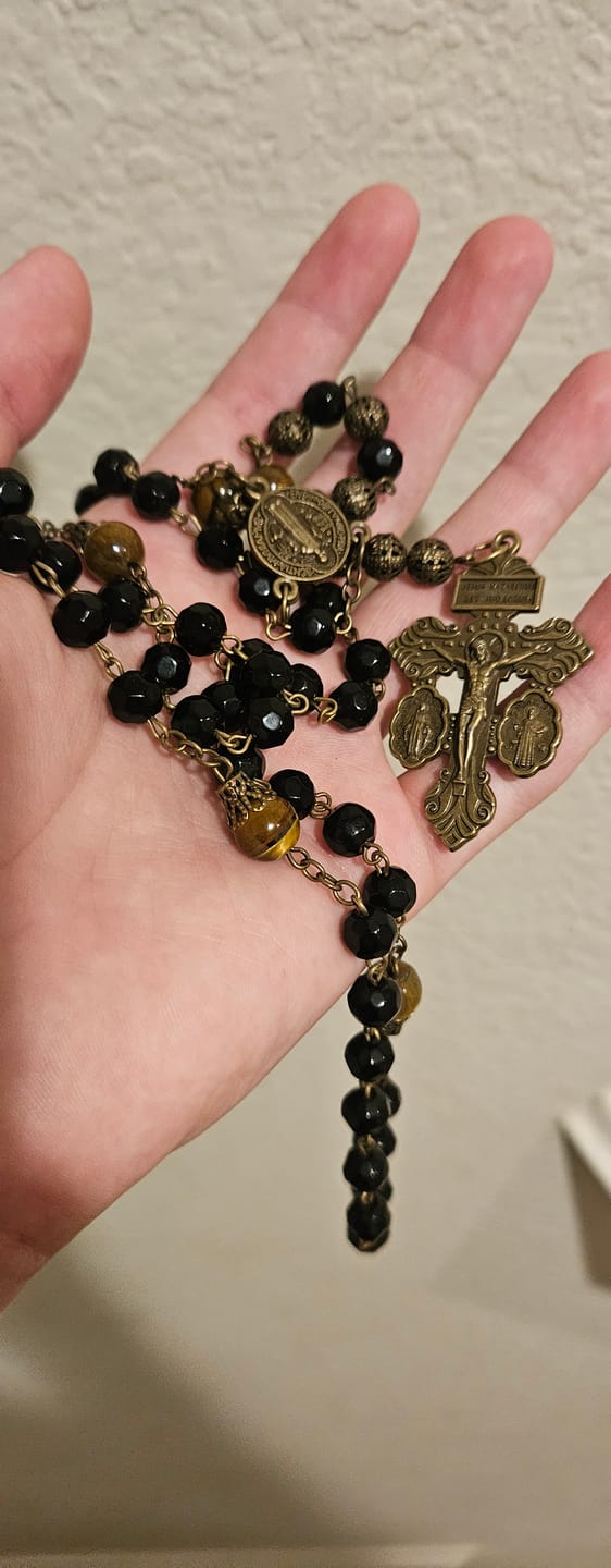 Customer photo review of FREE Today: Vintage Obsidian Tiger Eye Beads Rosary with Pardon Crucifix & St. Benedict