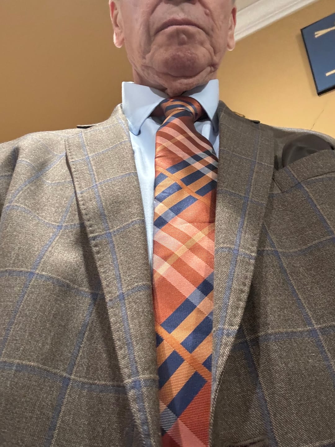 Customer photo review of Orange Blue Plaid Silk Men's Tie Hanky Cufflinks Set