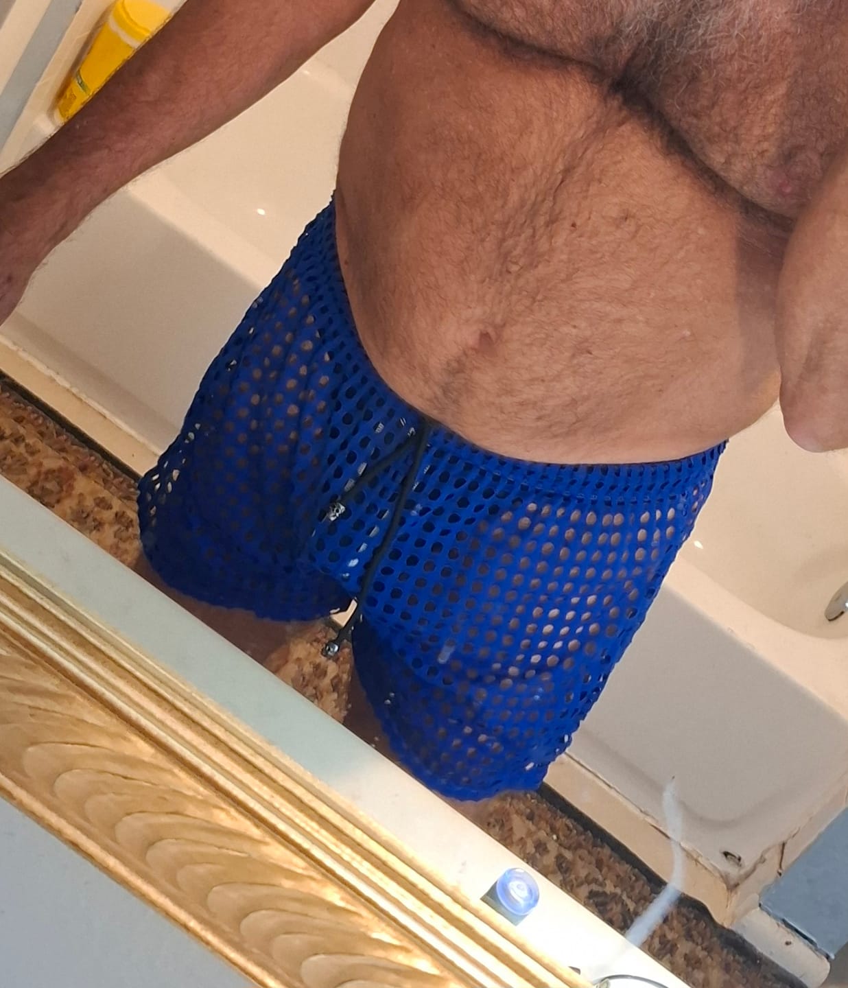 Customer photo review of 2 Pack Men's Mesh See-Through Shorts with Drawstring Waist